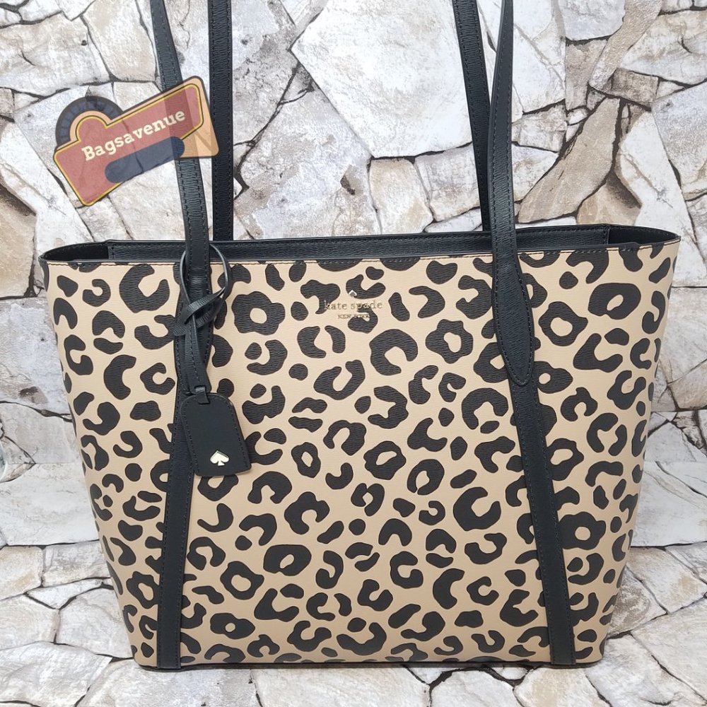 Cara Large Top Zip Tote Leopard Animal Print Black Tan Multi Kate Spade